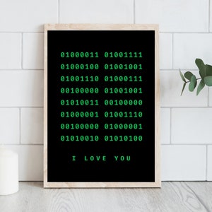 I Love You Binary Code, Printable Quote Gift for Coders, Developers, Programmers, and Computer Scientists, Digital Download, Office Poster