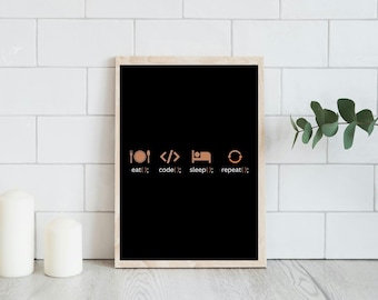 Printable Programming Quotes, Wall Art, Modern Print, Software Developer, Computer Science Quotes, Developer Joke, Eat, Code, Sleep, Repeat