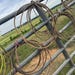 May include: Several coiled ropes in shades of brown, red, and yellow are hanging on a metal fence. The ropes are looped and tied, suggesting they are used for ranching or equestrian activities. The background shows a field and a cloudy sky.