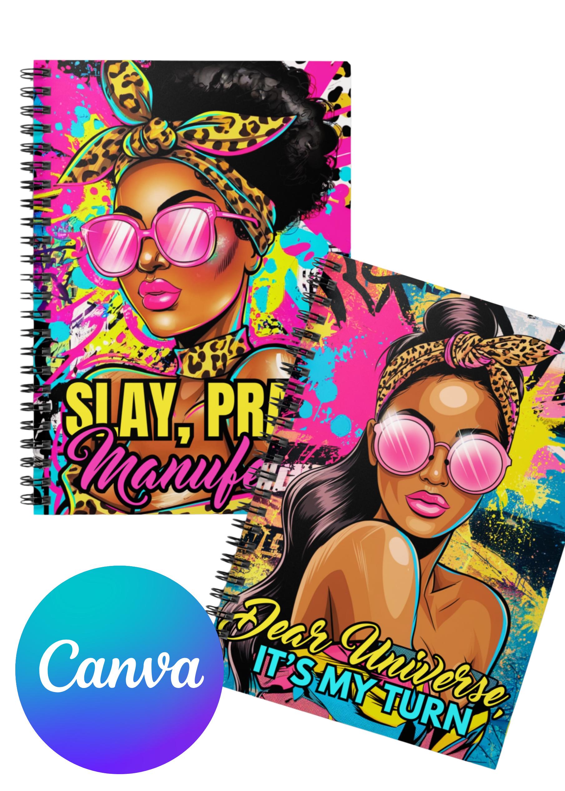 Graffiti Girl Journal Bundle | Editable Canva Template | Urban Afro Pop Spiral Notebook Covers | Customizable Digital Planner Covers