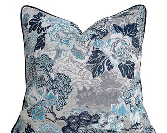 45*45cm Silver/Navy Blue Chinoiseries Brocade Cushion Cover