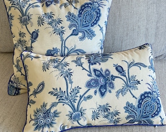 NavyBlue/Cream Hamptons Jacobean Floral Cotton Cushion Cover