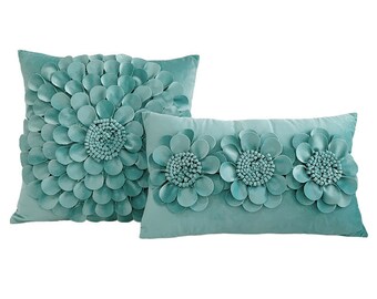 Aqua Velvet Hand Craft 3D SunFlowers Cushion Cover Pillow Case