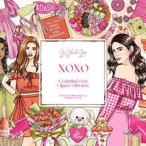 XOXO Set di clipart per San Valentino, Ragazze alla moda, Illustrazioni di scene, Illustrazioni digitali disegnate a mano, Planner adesivi Clipart PNG