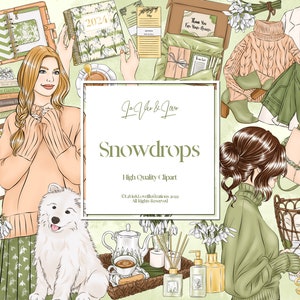 Schneeglöckchen Clipart Set, Neuanfänge digitale Kunst, Mode Mädchen Illustration, Planner Aufkleber Clipart, Winter Haus ästhetisch, kommerzielle Nutzung