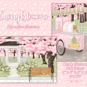 桜の風景イラスト、春の公園のデジタルアート、桜のアイスクリームカートの風景、プランナーステッカーの背景、商用利用