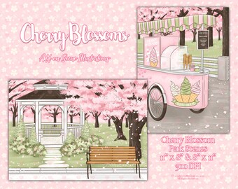 May include: Two digital illustrations of a park scene with cherry blossoms. The first scene features a white gazebo with a path leading to it. The second scene features an ice cream cart with a pink awning and three ice cream cones. Both scenes feature pink cherry blossom trees and a light pink background.