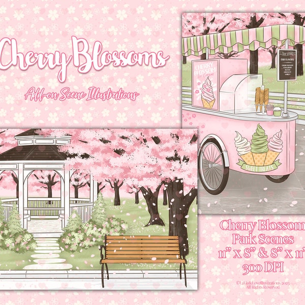Kirschblüten Motiv Illustrationen, Spring Park Digitale Kunst, Sakura Eiswagen Szene, Planer Sticker Hintergrund, Kommerzielle Nutzung