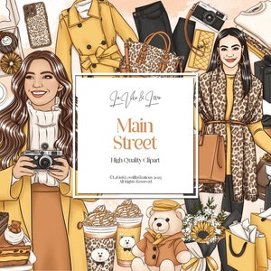 Conjunto de clipart da rua principal, compras na cidade de outono inverno, sexta-feira negra, clipart de café e sobremesas, meninas da moda outono, clipart de adesivos de planejador