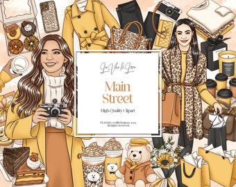 Main Street Clipart Set, Fall Winter City Shopping, Black Friday, Coffee & Desserts Clipart, Fall Fashion Girls, Planner Sticker Clipart