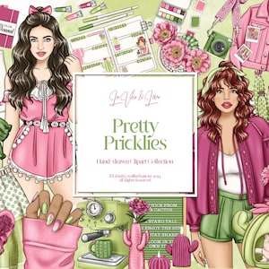 Ensemble de cliparts jolis piquants, collection de cactus, filles mode, illustrations de scène bohème, dessinés à la main, agenda & clipart autocollants de journal