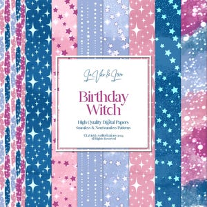 May include: A digital paper pack with a variety of patterns featuring stars and glitter. The patterns are in shades of pink, blue, and purple. The text "Birthday Witch" is displayed in a white box.