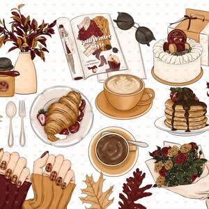 Puede incluir: Una colecci&oacute;n de ilustraciones de tem&aacute;tica oto&ntilde;al con una revista que dice "Fall/Winter Style", una taza de caf&eacute;, un plato de croissants, una pila de panqueques con salsa de chocolate, un ramo de flores y un pastel con la palabra "Thanks" en la parte superior.