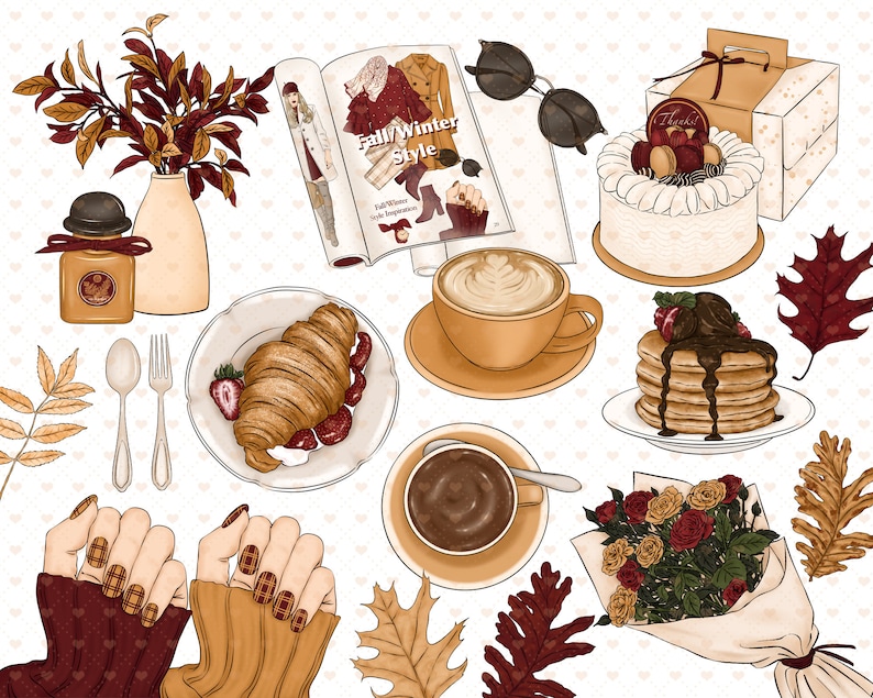 Puede incluir: Una colecci&oacute;n de ilustraciones de tem&aacute;tica oto&ntilde;al con una revista que dice "Fall/Winter Style", una taza de caf&eacute;, un plato de croissants, una pila de panqueques con salsa de chocolate, un ramo de flores y un pastel con la palabra "Thanks" en la parte superior.