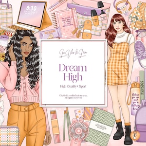Dream High Clipart Set, Back to School Clipart, Cute Preppy Fashion Girl Illustraties, School Briefpapier Clipart, Planner Stickers Clipart