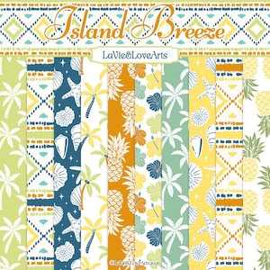May include: A collection of patterned digital papers with a tropical theme. Designs include pineapples, palm trees, seashells, and geometric patterns in shades of yellow, green, blue, and orange. The text "Island Breeze" and "LaVie&LoveArts" are visible.