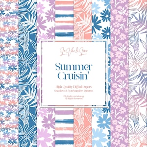 Summer Cruisin' Digital Paper Pack, roze, blauw en paars digitaal papier, bloemen, naadloze gebladertepatronen, plakboek en dagboekpapier