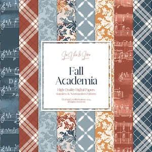 May include: A set of 10 digital papers featuring fall-themed patterns in shades of blue, orange, and brown. The patterns include plaid, music notes, damask, and geometric designs. The text "Fall Academia" is displayed in a white box.