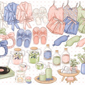 Självvård Clipart Set, Varva ner, Avslappning Hem Spa, Wellness Rutin Planner Sticker Clipart, Pyjamas Mode Flick Illustrationer, Hudvård Clipart bild 2