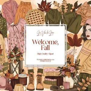 Bienvenidos clipart digitales de otoño, hojas de otoño, chicas de moda de otoño, estado de ánimo estético de otoño de otoño, pegatinas de planificador de álbumes de recortes de otoño, uso comercial