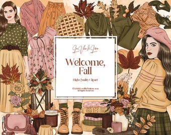 May include: A digital illustration of a fall-themed scene with two women wearing fall-inspired outfits. The scene includes a variety of fall elements, such as leaves, pumpkins, and a pie. The text "Ja Ye & Jove Welcome, Fall High Quality Clipart CaMo&Loveflustrations 2022 All Rights Reserved" is displayed in the center of the image.