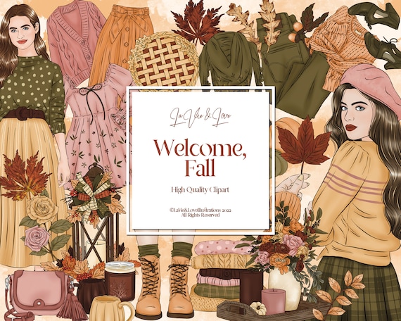 Welcome Fall Digital Clipart, Autumn Leaves, Fall Fashion Girls, Fall Aesthetic Autumn Mood, Fall Scrapbook Planner Stickers, Commercial Use