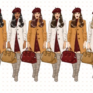 Puede incluir: Cinco mujeres elegantes con abrigos y boinas de diferentes colores, cada una llevando un bolso de mano marr&oacute;n, rojo o beige. Todas llevan botas altas y tienen el pelo largo.