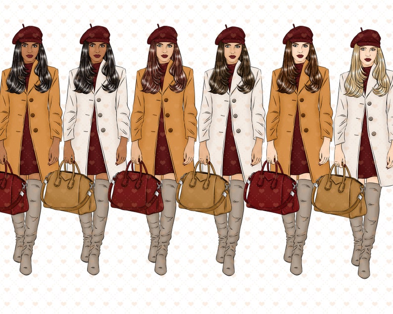 Puede incluir: Cinco mujeres elegantes con abrigos y boinas de diferentes colores, cada una llevando un bolso de mano marr&oacute;n, rojo o beige. Todas llevan botas altas y tienen el pelo largo.
