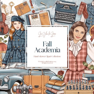 Herfst Academia-clipartset, donkere Academia-mode, herfst, bibliotheekscène-illustraties, handgetekende kunst voor planner- en dagboekstickers