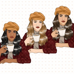 Puede incluir: Tres mujeres con sombreros marrones y chaquetas rojas est&aacute;n sentadas y sosteniendo tazas de caf&eacute;. Todas miran a la c&aacute;mara.