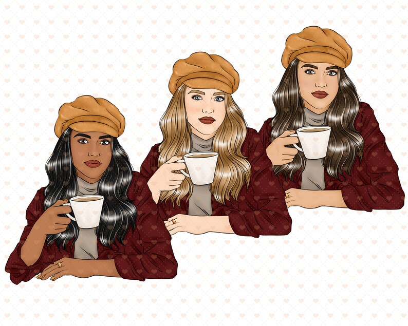 Puede incluir: Tres mujeres con sombreros marrones y chaquetas rojas est&aacute;n sentadas y sosteniendo tazas de caf&eacute;. Todas miran a la c&aacute;mara.
