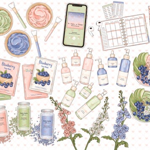 Självvård Clipart Set, Varva ner, Avslappning Hem Spa, Wellness Rutin Planner Sticker Clipart, Pyjamas Mode Flick Illustrationer, Hudvård Clipart bild 3