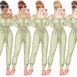 Självvård Clipart Set, Varva ner, Avslappning Hem Spa, Wellness Rutin Planner Sticker Clipart, Pyjamas Mode Flick Illustrationer, Hudvård Clipart bild 5