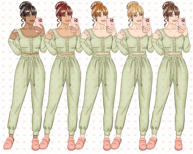 Självvård Clipart Set, Varva ner, Avslappning Hem Spa, Wellness Rutin Planner Sticker Clipart, Pyjamas Mode Flick Illustrationer, Hudvård Clipart bild 5