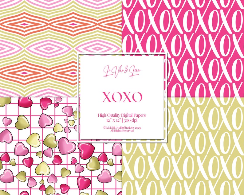 XOXO Valentine's Day Digital Paper Pack, Pink Green and Red Digital ...