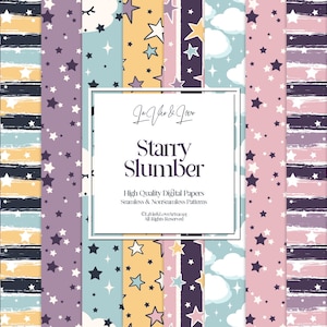 May include: A collection of digital papers with a starry night theme. The patterns feature stars, clouds, and brushstroke designs in shades of purple, blue, yellow, and pink. The central image has the text "Starry Slumber" and "High Quality Digital Papers".