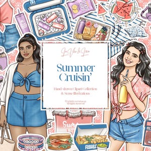 Summer Cruisin'-clipartset, zomerstrandmode-illustraties, handgetekende kunst voor planner- en dagboekstickers, commercieel gebruik