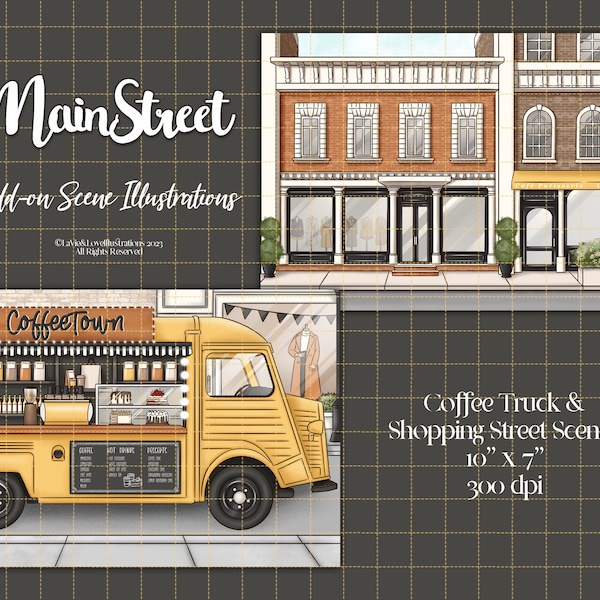 Main Street Scene Illustrations, Shopping Street Scene, Town/City Street Illustration, Coffee Truck Art, Handdrawn Digital Illustrations