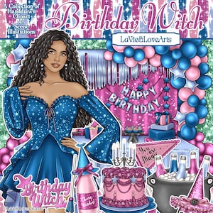 Birthday Witch Clipart Set, Witchy Birthday Party Fashion, Party Backdrop Illustrations, Hand-drawn Arts for Planner & Journal Stickers