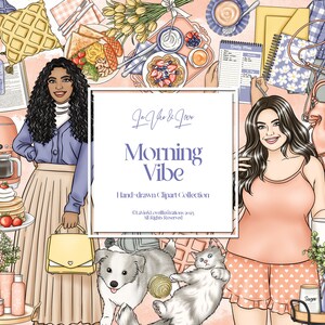 Puede incluir: Una ilustración digital de dos mujeres, una con cabello negro largo y un cárdigan azul, la otra con cabello marrón largo y un top rosa. Ambas mujeres llevan faldas. La ilustración también incluye un perro, un gato, una taza de café, una cafetera, un plato de panqueques, un ramo de flores y una plancha para gofres. El texto "Ja Ye & Jove Morning Vibe Hand-drawn Clipart Collection ClaMo&Lovellustrations 2021 All Rights Reserved" está en la parte superior de la imagen.