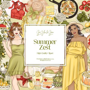 Summer Zest Clipart Set, Estate mediterranea, Limonata Clipart, Planner Sticker Clipart, Illustrazioni Summer Fashion Girl, Uso commerciale