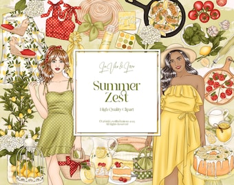 Summer Zest Clipart Set, Mediterrane Zomer, Limonade Clipart, Planner Sticker Clipart, Summer Fashion Girl Illustraties, Commercieel Gebruik