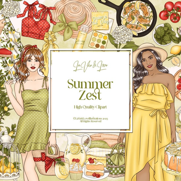 Summer Zest Clipart Set, Mediterranean Summer, Lemonade Clipart, Planner Sticker Clipart, Summer Fashion Girl Illustrations, Commercial Use