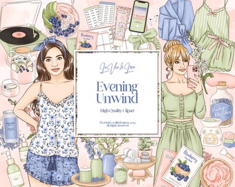 Self Care Clipart Set, Ontspannen, Relax Home Spa, Wellness Routine Planner Sticker Clipart, Pyjama Fashion Girl Illustraties, Huidverzorging Clipart