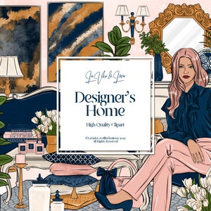 Clipart digital de casa do designer, ilustrações de decoração de casa, garota da moda, chefe de garota, fundo de cena, adesivos de planejador, uso comercial
