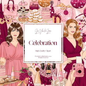 Feier Clipart, Pinke Geburtstagsparty, Silvester Party Clipart, Digitale Kunst, Szene Illustrationen, Planer Sticker, Fashion Girls