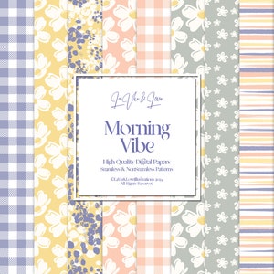 Morning Vibe Digital Paper Pack, geel paars roze papieren, abstracte naadloze bloemenpatronen, plakboek en journaling papier afdrukbaar