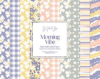 Morning Vibe Digital Paper Pack, Yellow Purple Pink Papers, Floral Abstract Seamless Patterns, Scrapbook & Journaling Paper Printable