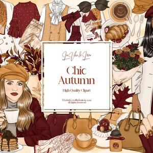 Puede incluir: Una ilustraci&oacute;n digital de dos mujeres con ropa de oto&ntilde;o. Una mujer lleva un su&eacute;ter burdeos, un sombrero marr&oacute;n y sostiene una taza de caf&eacute;. La otra mujer lleva un abrigo blanco, un sombrero marr&oacute;n y sostiene un bolso de mano marr&oacute;n. La ilustraci&oacute;n incluye un ramo de rosas rojas, un plato de croissants y una taza de caf&eacute;. El texto "Chic Oto&ntilde;o" aparece en el centro de la imagen.