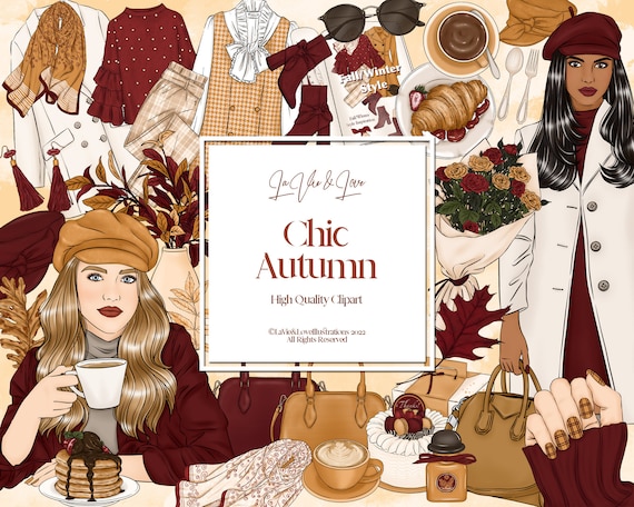 Chic Autumn Clipart, Fall Winter Fashion Girls Outfit Digital Illustrations, Coffee, Pastry, Parisian Café Aesthetics, Planner Stickers